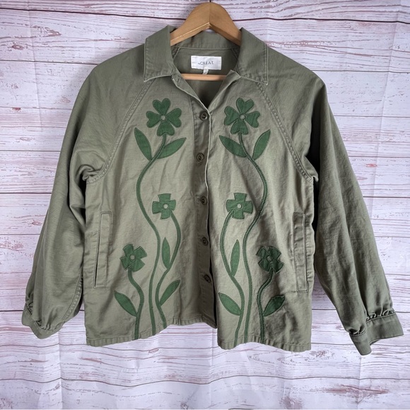 The Great Floral Applique Jacket Commodore Army Green Pockets Sz 1 boho - Picture 2 of 11
